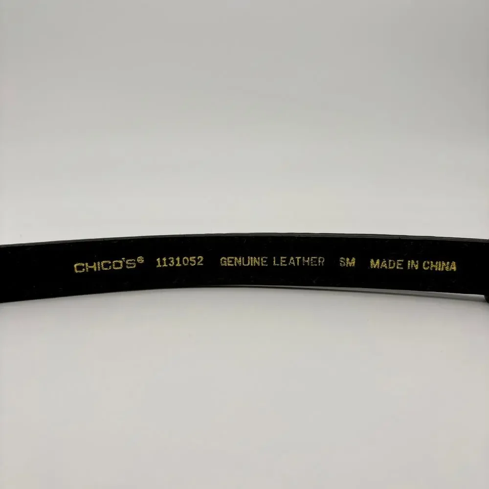 Chico’s Leather Hook Belt Black Silver Tone Western Boho Size S/M Adjustable